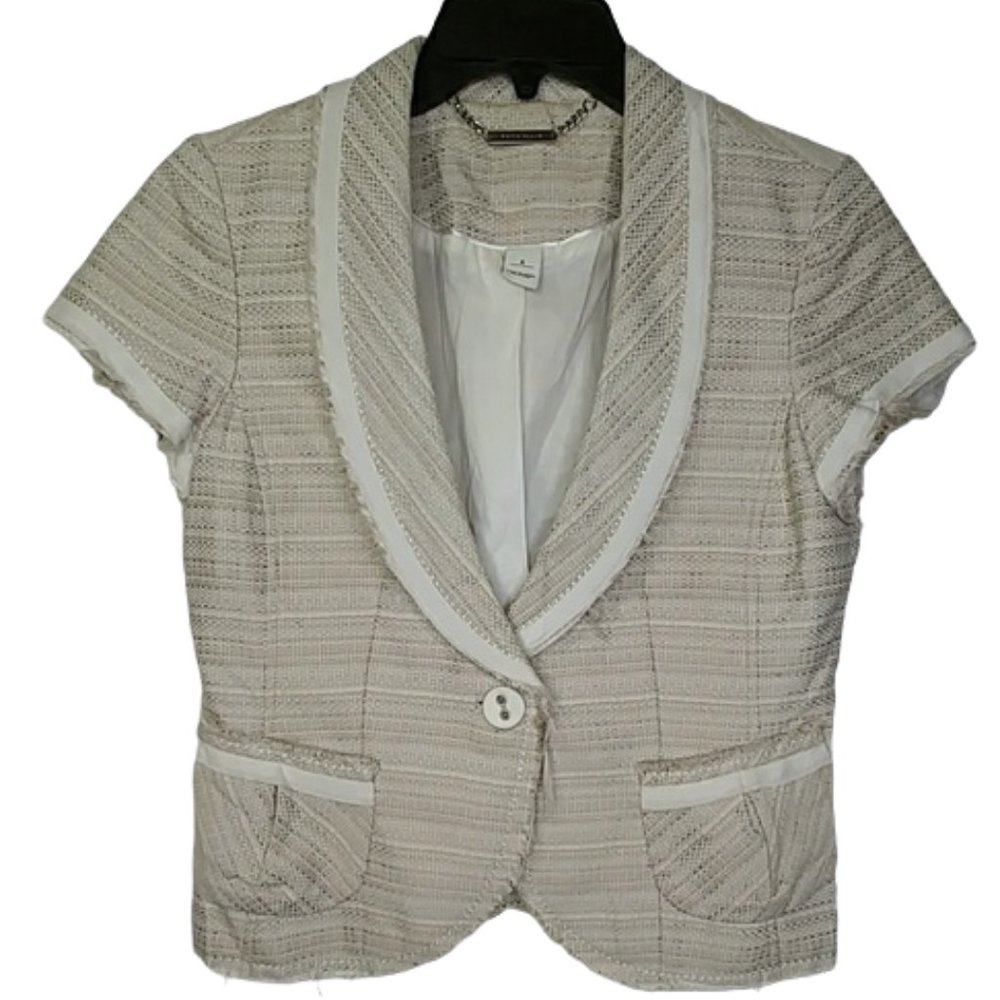 White House Black Market Textured Beige Woven Fringe Short Sleeve Blazer Size 6